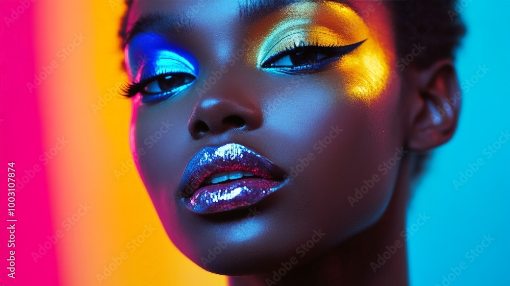 Close-up portrait of a model with artistic and vibrant makeup, bold eyeshadow in contrasting neon colors, Close-up portrait of a model with artistic and vibrant makeup, bold eyeshadow in contrasting neon colors,