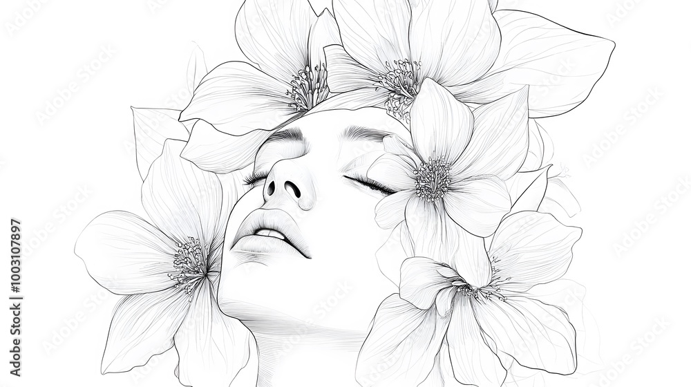 Minimalist Pencil Drawing of a Female Face with Flowers, on White Background, Abstract Image, Texture, Pattern Background, Wallpaper, Cover and Screen of Smartphone, PC, Laptop, 9:16 and 16:9 Format Minimalist Pencil Drawing of a Female Face with Flowers, on White Background, Abstract Image, Texture, Pattern Background, Wallpaper, Cover and Screen of Smartphone, PC, Laptop, 9:16 and 16:9 Format