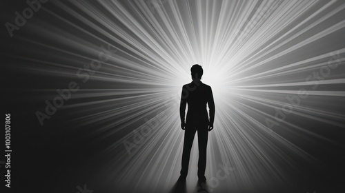 Silhouette of a leader with light rays projecting forward, vision concept, neutral backdrop.