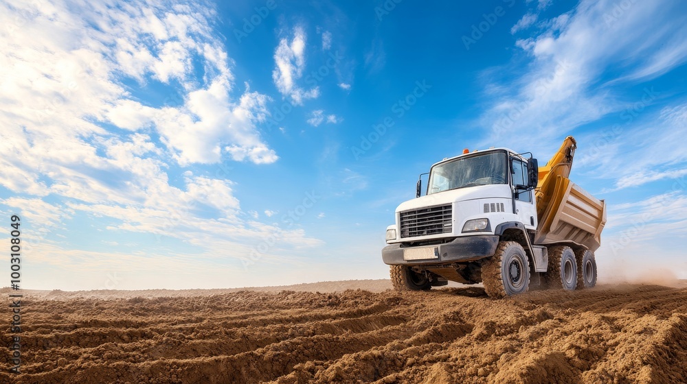 Construction Truck on Dirt Path Under Blue Sky Construction Truck on Dirt Path Under Blue Sky