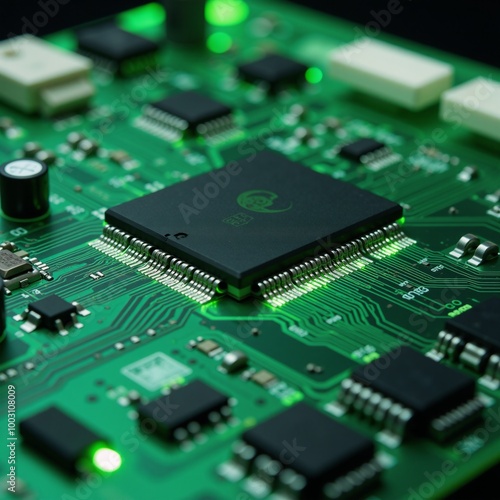 Close-Up View of Vibrant Green Circuit Board Pulsing With Digital Life photo