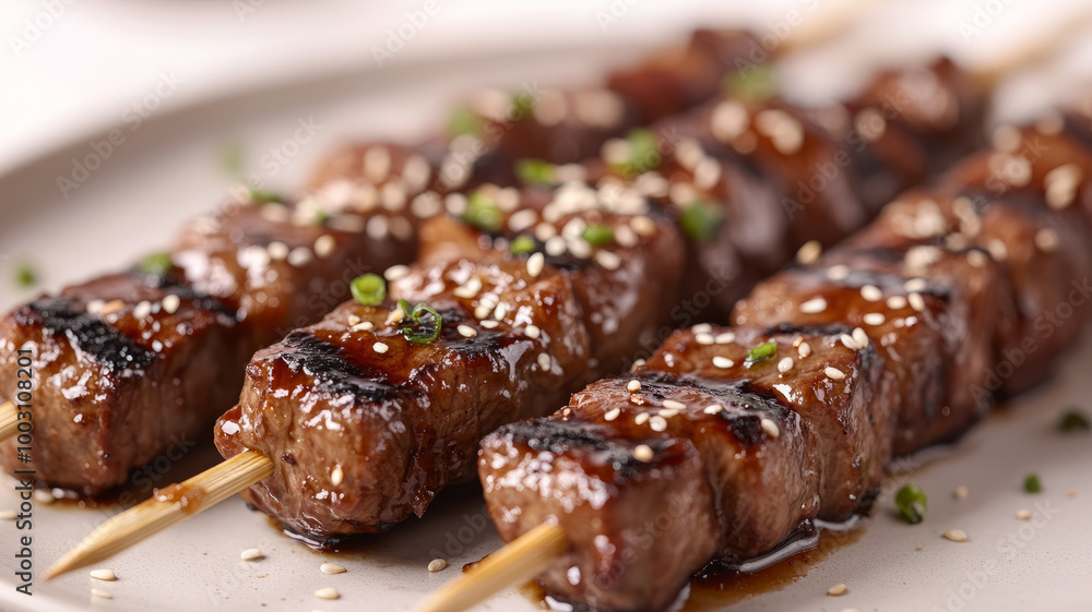 Grilled meat skewers with sesame seeds on a plate. Grilled meat skewers with sesame seeds on a plate.