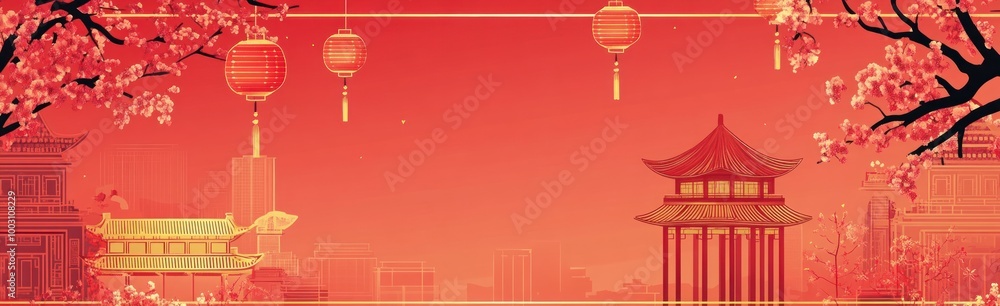Naklejka premium Chinese New Year background with lanterns, flowers and temple