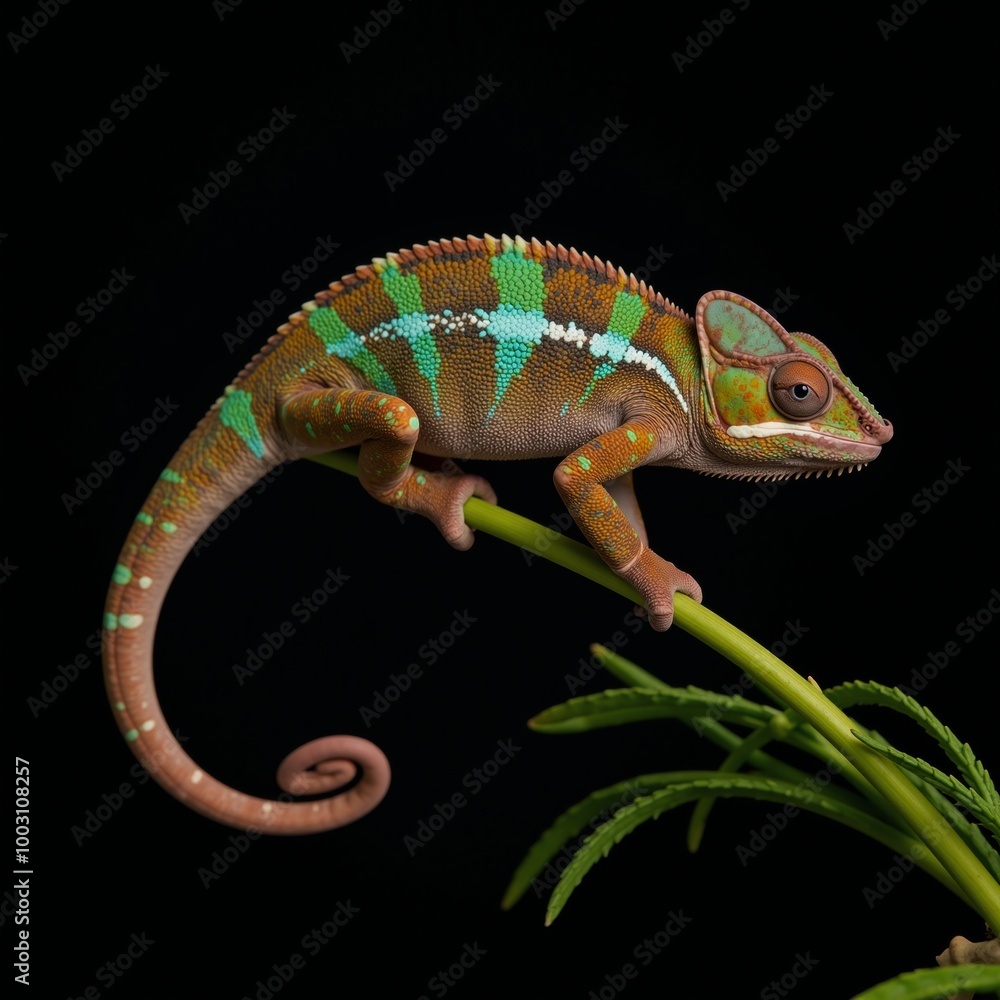 Fototapeta premium Realistic illustration featuring an iridescent-skinned chameleon perched on a branch against a black backdrop