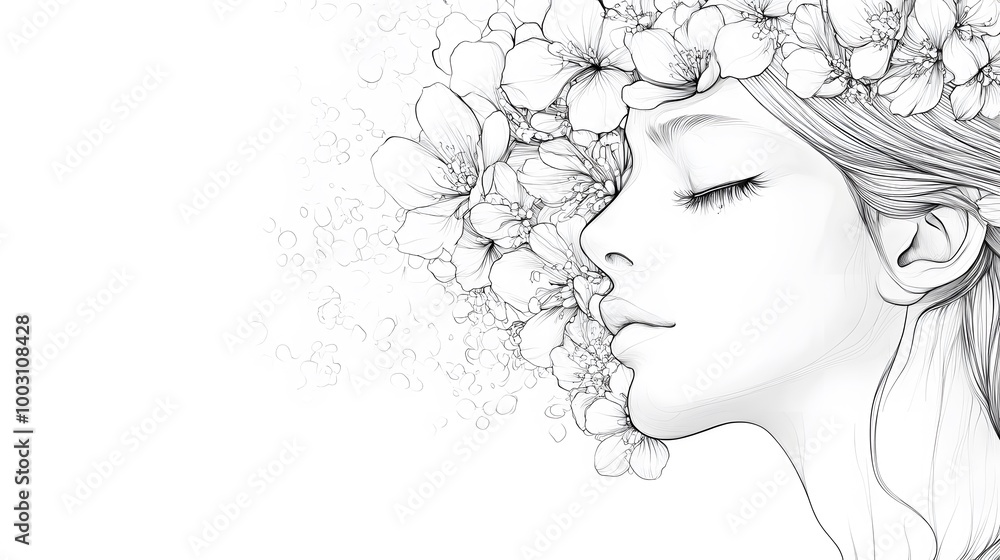 Minimalist Pencil Drawing of a Female Face with Flowers, on White Background, Abstract Image, Texture, Pattern Background, Wallpaper, Cover and Screen of Smartphone, PC, Laptop, 9:16 and 16:9 Format Minimalist Pencil Drawing of a Female Face with Flowers, on White Background, Abstract Image, Texture, Pattern Background, Wallpaper, Cover and Screen of Smartphone, PC, Laptop, 9:16 and 16:9 Format