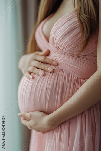 Pregnant woman gently holding her baby bump in elegant pink dress, capturing the beauty and tenderness of motherhood during a special maternity moment photo