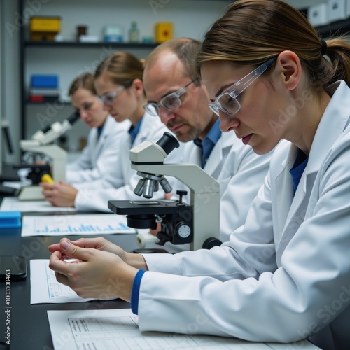 Russian scientists examine rock samples gathered via deep-earth drilling for geological studies photo