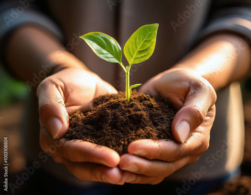 A detailed shot of hands holding a young sprout growing from a bed of rich soil.