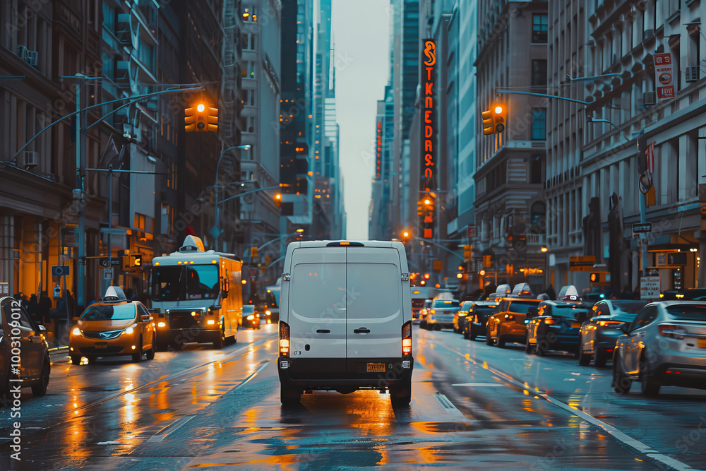 A busy city street with a white van driving down it A busy city street with a white van driving down it
