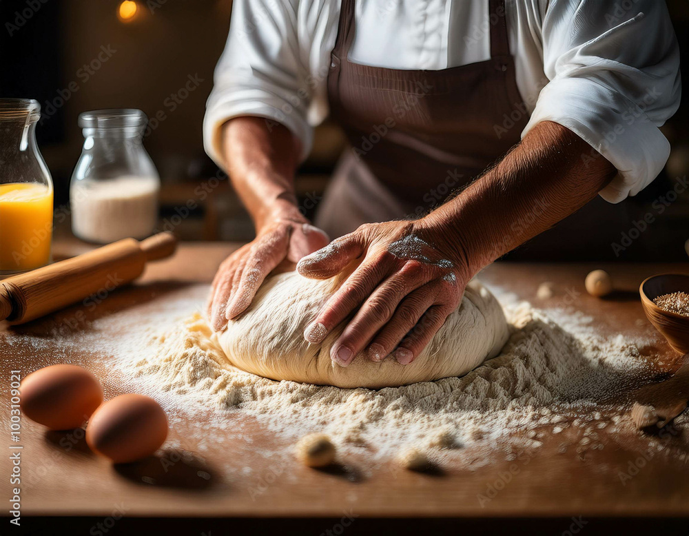 A detailed shot of hands kneading dough on a floured kitchen counter. Freshly cracked eggs A detailed shot of hands kneading dough on a floured kitchen counter. Freshly cracked eggs