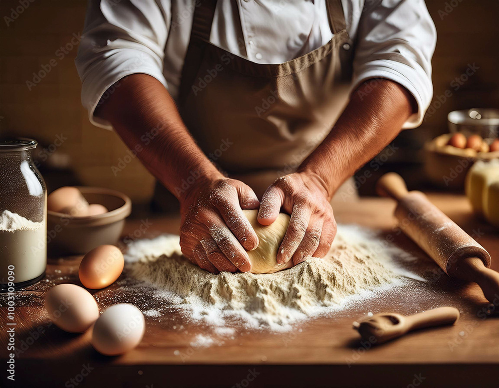 A detailed shot of hands kneading dough on a floured kitchen counter. Freshly cracked eggs A detailed shot of hands kneading dough on a floured kitchen counter. Freshly cracked eggs