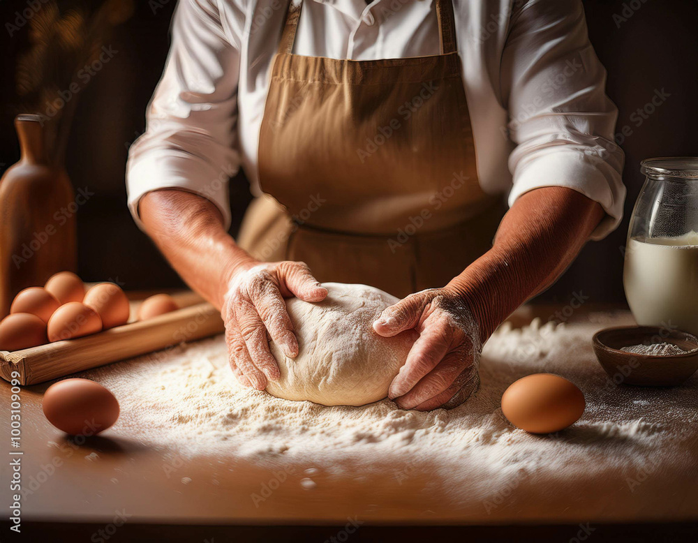 A detailed shot of hands kneading dough on a floured kitchen counter. Freshly cracked eggs A detailed shot of hands kneading dough on a floured kitchen counter. Freshly cracked eggs