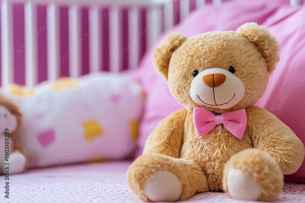 Cute teddy bear with pink bow sitting on baby crib in soft pastel nursery, representing childhood, comfort, and playful decor for a baby girl Cute teddy bear with pink bow sitting on baby crib in soft pastel nursery, representing childhood, comfort, and playful decor for a baby girl