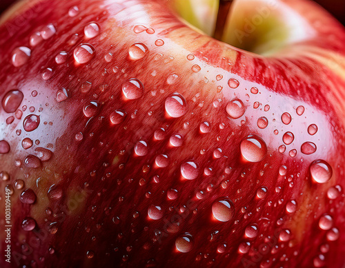 A detailed shot of the shiny, juicy skin of a fresh red apple, with water droplets sliding