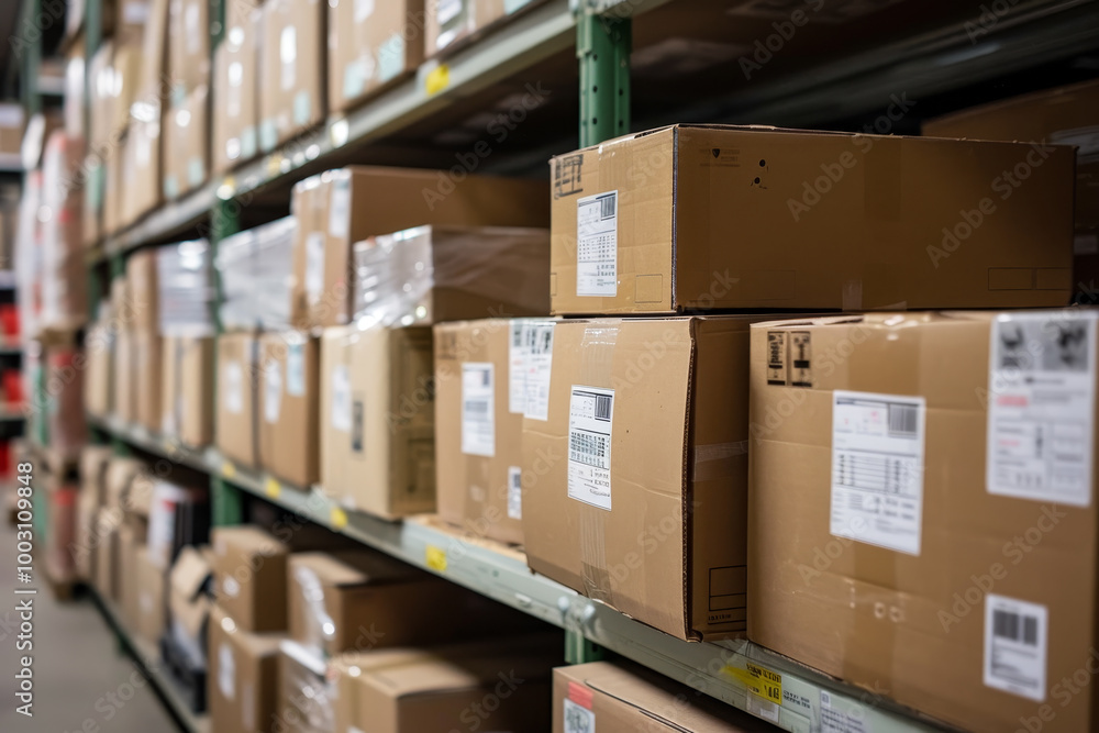 A warehouse with many boxes stacked on shelves A warehouse with many boxes stacked on shelves