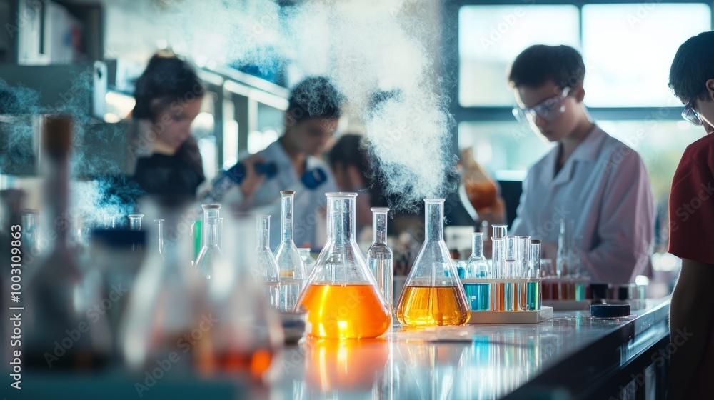 A group of enthusiastic students engage in hands-on experiments in a bright laboratory, surrounded by colorful liquids and visible steam A group of enthusiastic students engage in hands-on experiments in a bright laboratory, surrounded by colorful liquids and visible steam