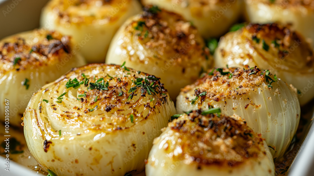 Roasted onions with herbs and crispy topping in a baking dish. Roasted onions with herbs and crispy topping in a baking dish.