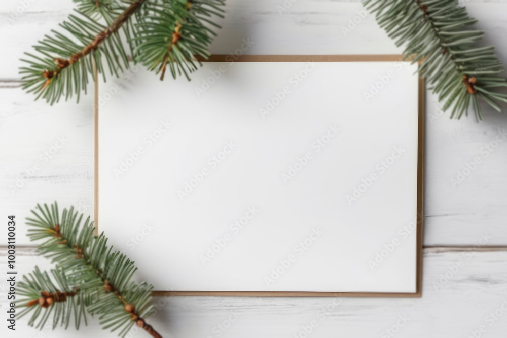 White empty greeting card mockup with spruce branches on light wooden surface, minimalist composition. Template for customization. For adding your design or text. For invitation or postcard concepts White empty greeting card mockup with spruce branches on light wooden surface, minimalist composition. Template for customization. For adding your design or text. For invitation or postcard concepts