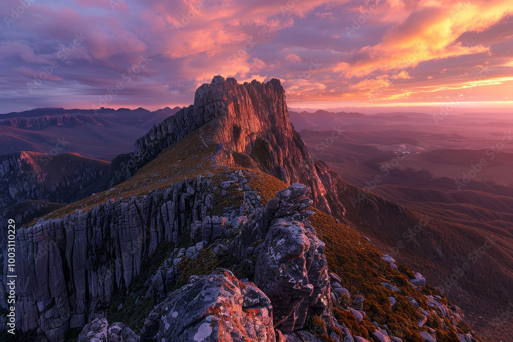 Naklejka premium A mountain peak with a beautiful sunset in the background