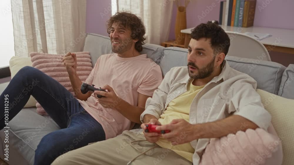 Men playing video games sitting on a couch in a living room with game controllers and pastel pillows Men playing video games sitting on a couch in a living room with game controllers and pastel pillows