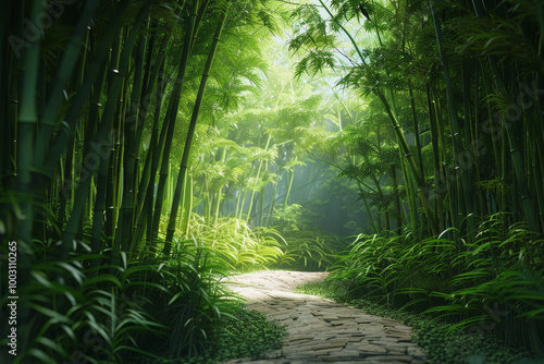 A path through a lush green forest with a clear sky above