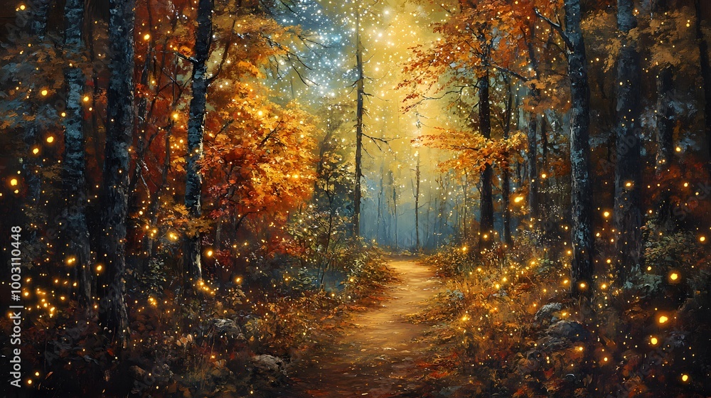 Obraz premium Painting a forest with autumn colors, with trees and leaves changing color in the background