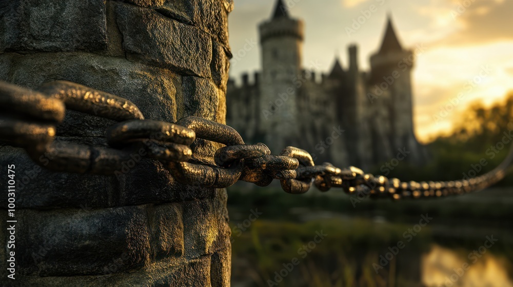 Naklejka premium Zaun mit Kette und Schloss close up Hintergrund