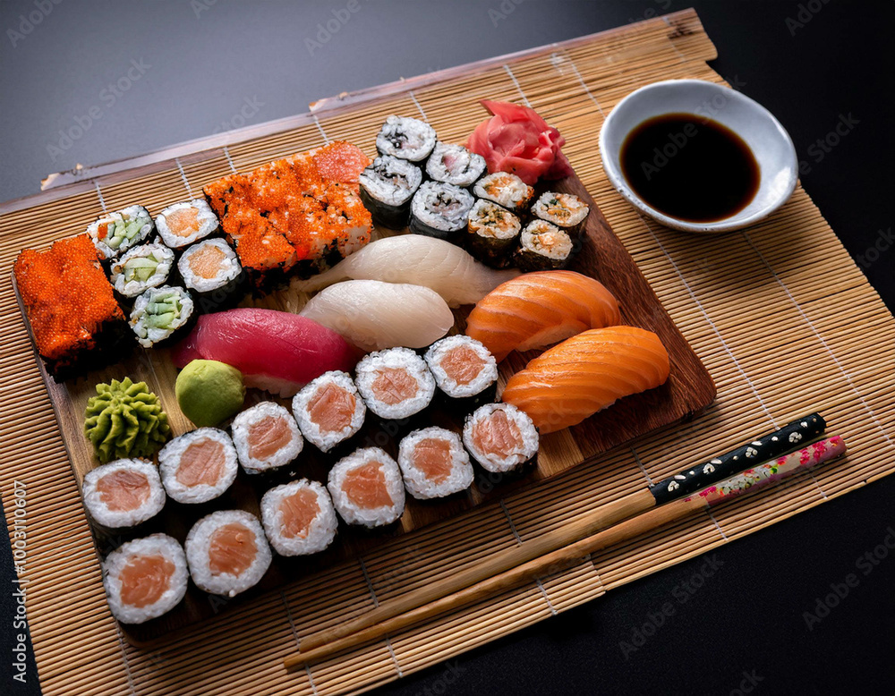 A fresh sushi platter with colorful rolls, sashimi, and nigiri artfully arranged on a bamboo A fresh sushi platter with colorful rolls, sashimi, and nigiri artfully arranged on a bamboo