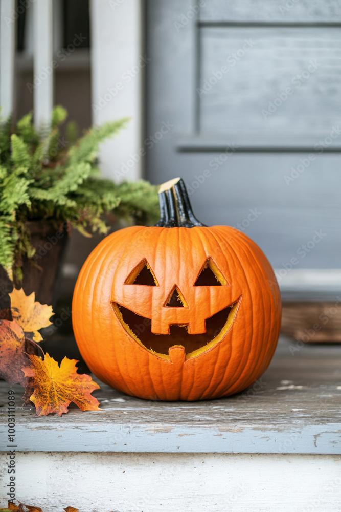 A carved Halloween pumpkin with a smiling face sits on a rustic wooden porch along with autumn leaves. A carved Halloween pumpkin with a smiling face sits on a rustic wooden porch along with autumn leaves.