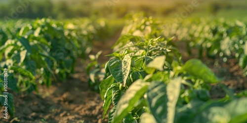 Thriving pepper farms arranged in neat rows of crops, showcasing agriculture and farming concepts within a scenic rural landscape of cultivated land and agricultural yields. photo