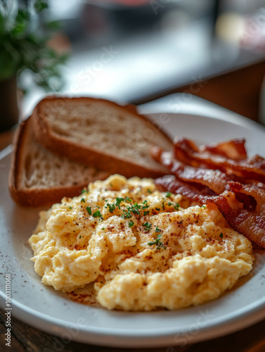 A plate of scrambled eggs, bacon, and toast for breakfast