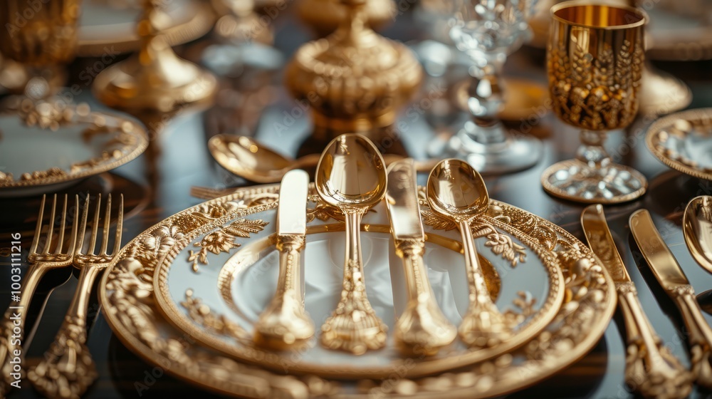 A meticulously set table showcasing ornate golden utensils and exquisite china, inviting guests to indulge in a lavish dining experience A meticulously set table showcasing ornate golden utensils and exquisite china, inviting guests to indulge in a lavish dining experience