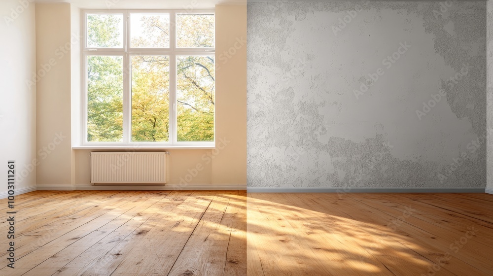 Bright Empty Room with Large Windows and Wooden Floor Bright Empty Room with Large Windows and Wooden Floor