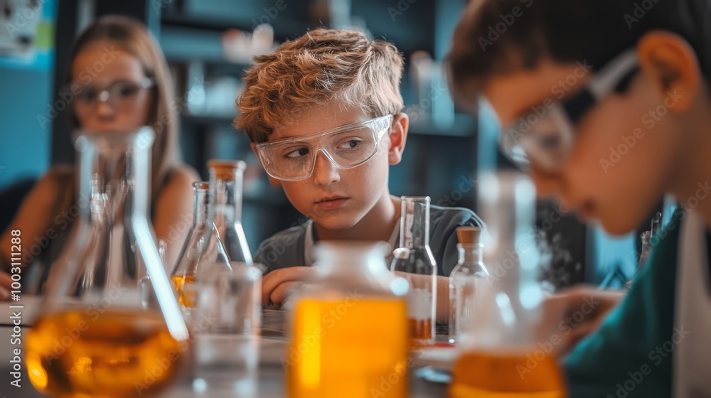 Three inquisitive children focus intently on their chemistry activity, surrounded by colorful liquids in glass containers, igniting their scientific curiosity Three inquisitive children focus intently on their chemistry activity, surrounded by colorful liquids in glass containers, igniting their scientific curiosity