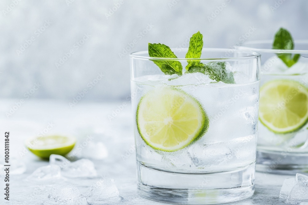 Fototapeta premium Refreshing lime and mint cocktail served over ice in elegant glassware