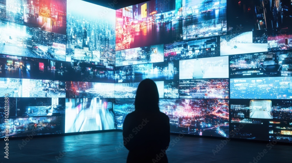 A person watching a video wall with multimedia images A person watching a video wall with multimedia images