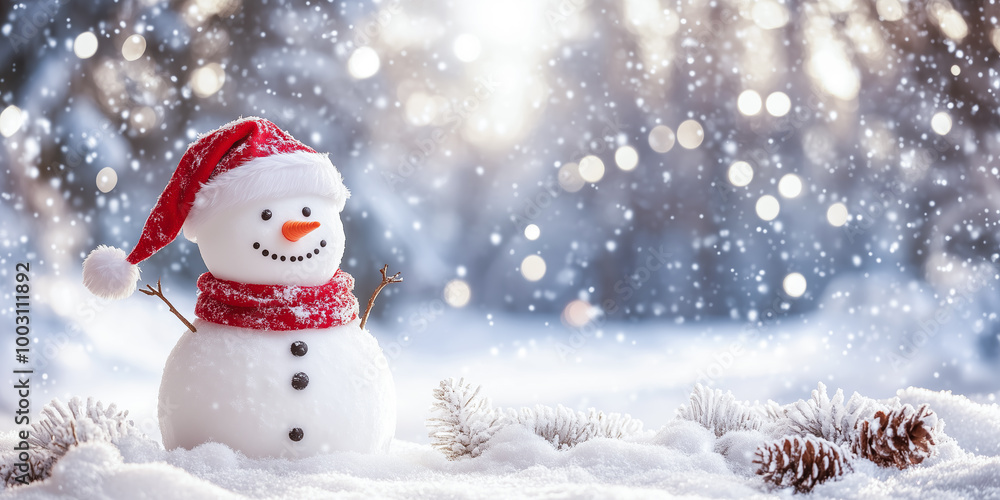 Cute funny snowman with red hat and scarf against winter holiday landscape with bokeh lights. Holiday Merry Christmas greeting card with copy space. Cute funny snowman with red hat and scarf against winter holiday landscape with bokeh lights. Holiday Merry Christmas greeting card with copy space.