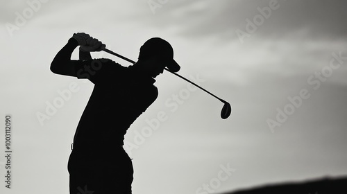 A dedicated golfer demonstrates skill and focus during a late afternoon swing, silhouetted against a stunning sunset backdrop