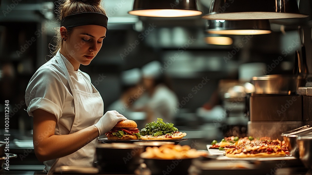 Female chef demonstrating culinary skill making pizza in busy restaurant kitchen with warm atmospher Female chef demonstrating culinary skill making pizza in busy restaurant kitchen with warm atmospher