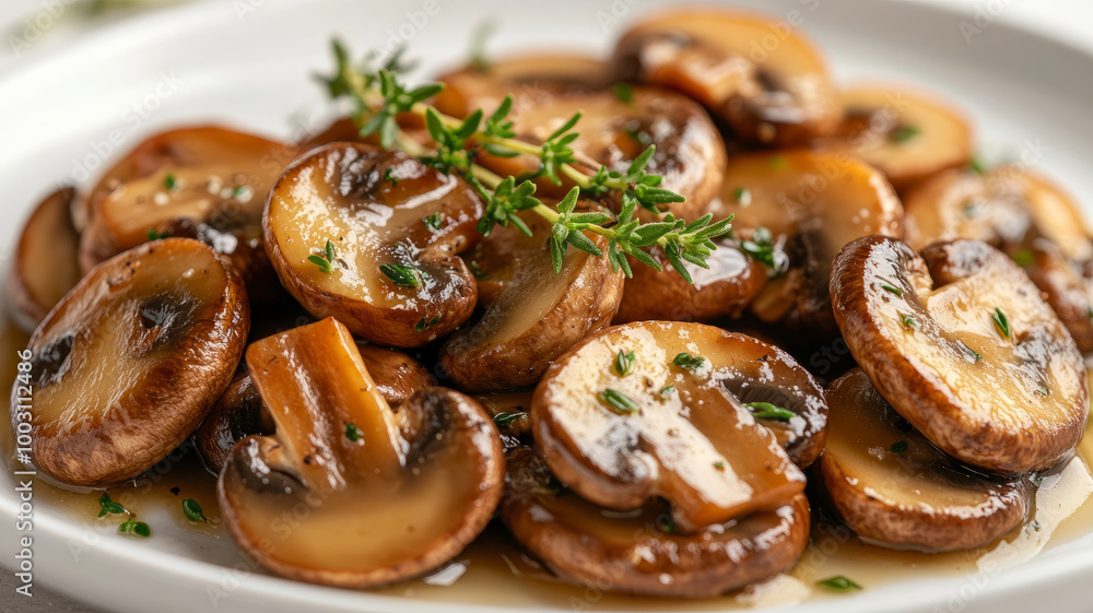 Close-up of sautéed mushrooms garnished with fresh thyme. Close-up of sautéed mushrooms garnished with fresh thyme.