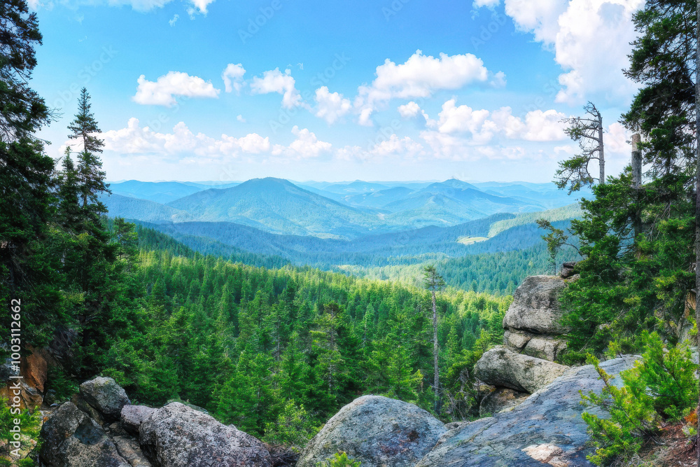 A breathtaking view of a vast mountain range covered in dense green forests, with rocky cliffs in the foreground, creating a peaceful natural landscape. Generative AI A breathtaking view of a vast mountain range covered in dense green forests, with rocky cliffs in the foreground, creating a peaceful natural landscape. Generative AI