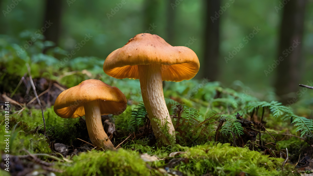 Edible mushrooms. Growing chanterelle mushrooms in a forest on green background Edible mushrooms. Growing chanterelle mushrooms in a forest on green background
