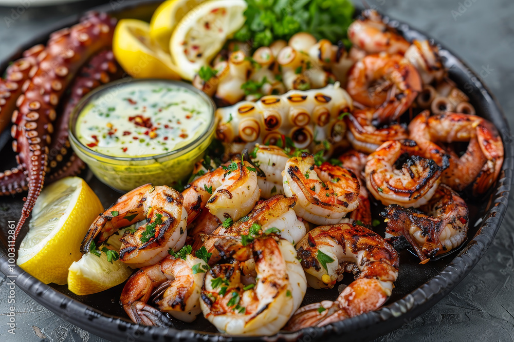 A plate of shrimp and octopus with a yellow sauce A plate of shrimp and octopus with a yellow sauce