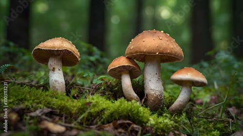 Edible mushrooms in a forest on green background