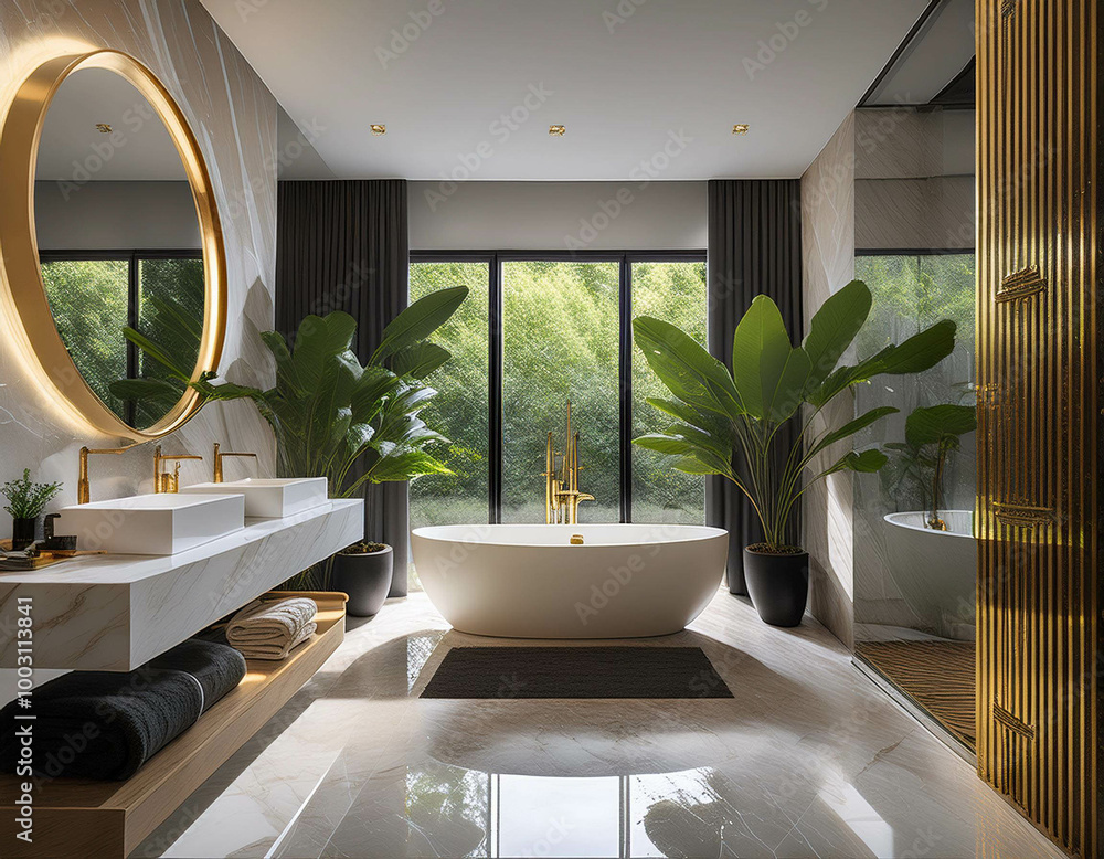 Fototapeta premium A luxurious bathroom with marble floors and walls, a freestanding bathtub in the center