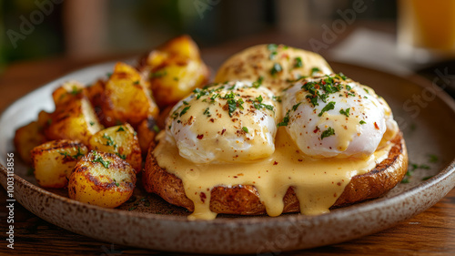 Eggs Benedict served with roasted potatoes on a ceramic plate.