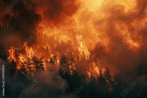 A forest fire is raging, with smoke and flames billowing into the sky