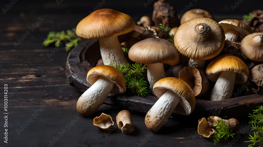 Fresh mixed forest mushrooms on the wooden black table Fresh mixed forest mushrooms on the wooden black table