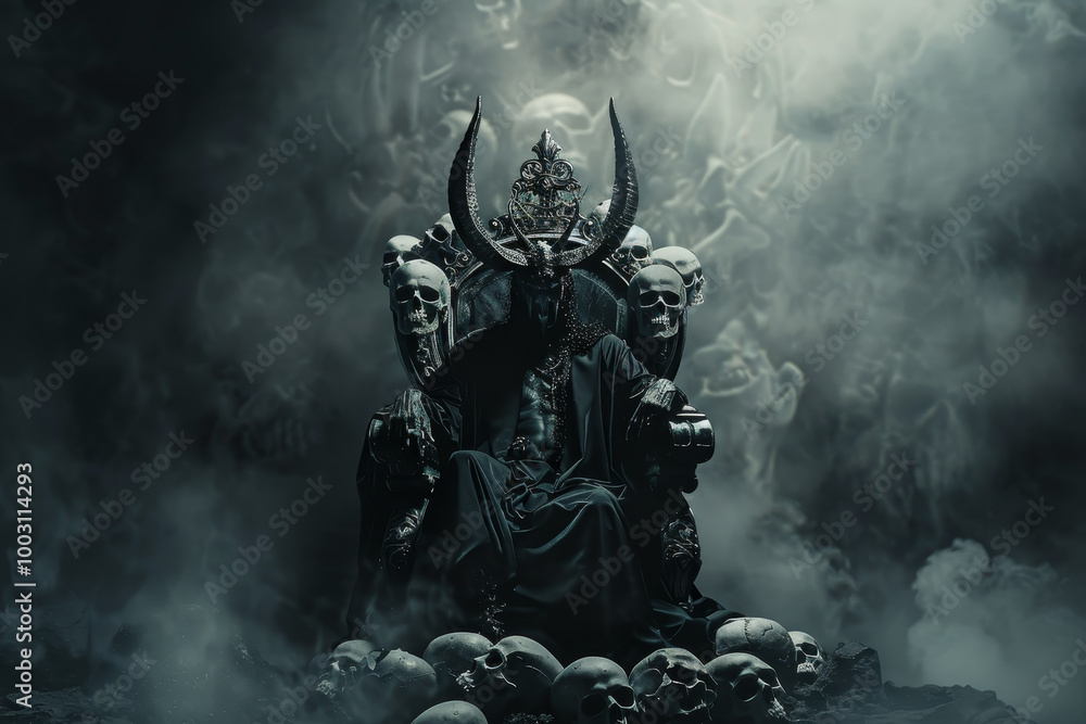 Fototapeta premium A man sits on a throne surrounded by skulls