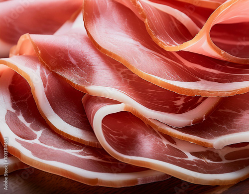 A macro shot of a stack of thinly sliced cured meats like prosciutto, showing the marbled f photo